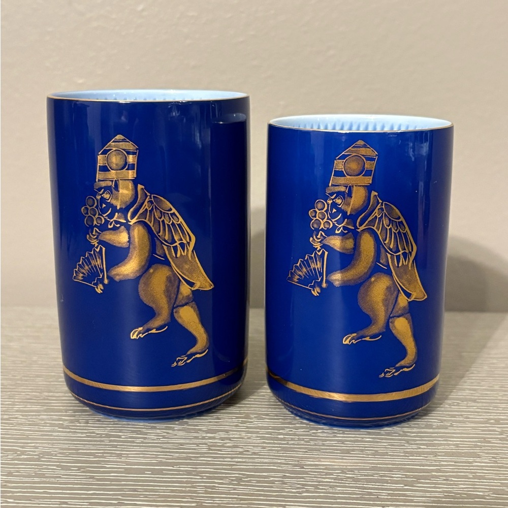 Vintage Japanese Kutani Style Cobalt Blue & Gold Porcelain Tea Cups – Set of 2